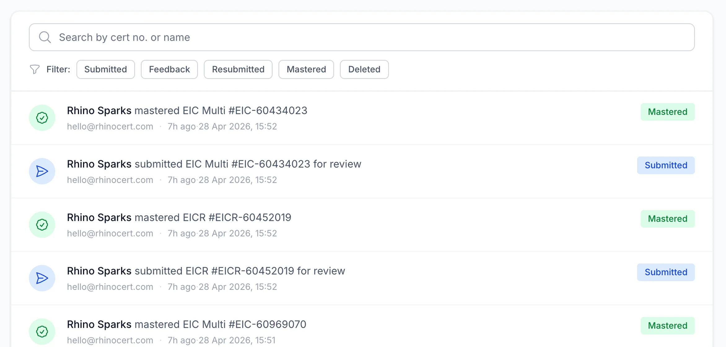Activity log with searchable, filterable timestamped events showing who submitted, mastered, or modified each certificate