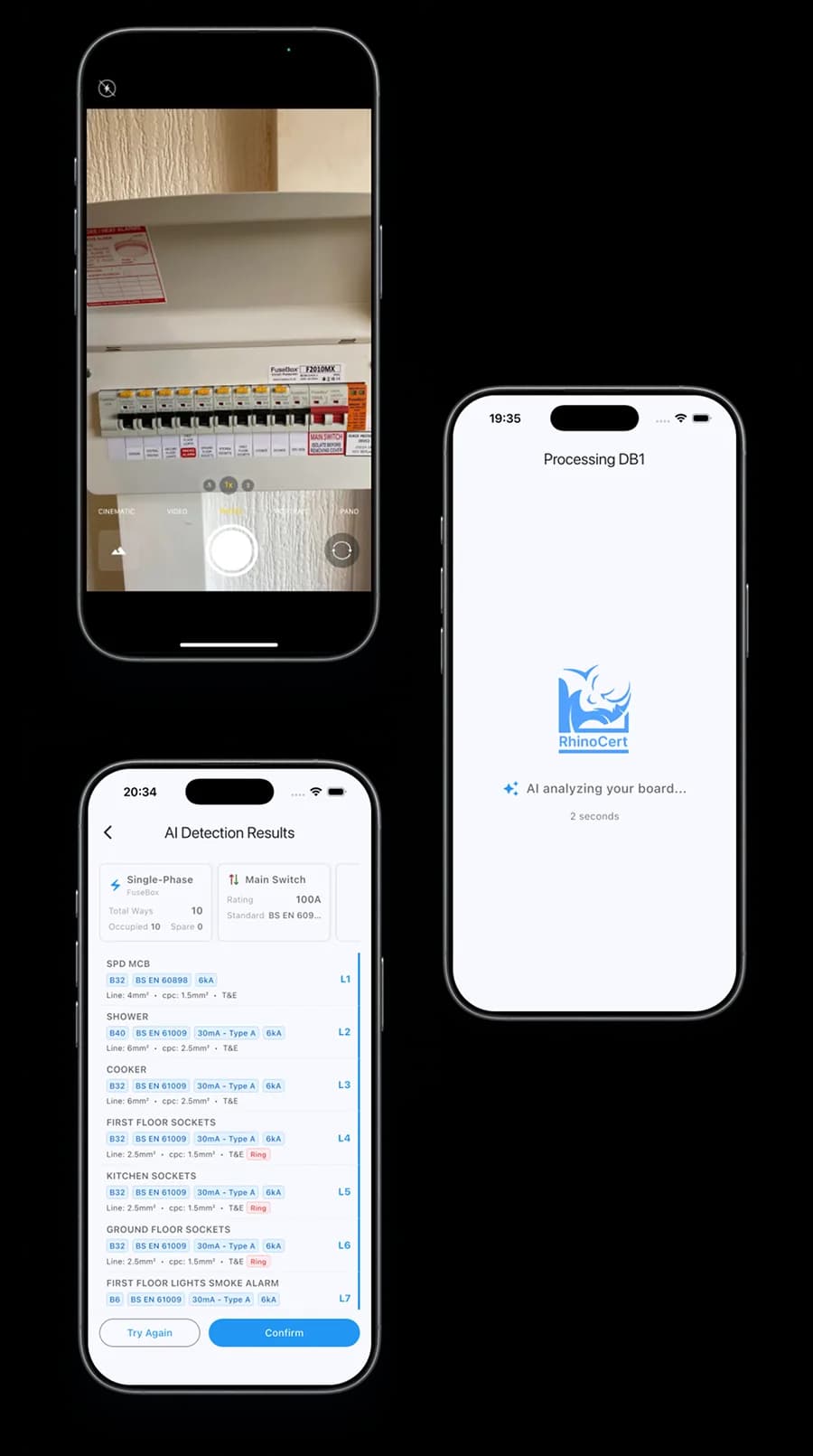 Three iPhone screens showing the AI circuit detection flow: camera capturing a distribution board, AI analyzing the photo, and detected circuits populated as a results list