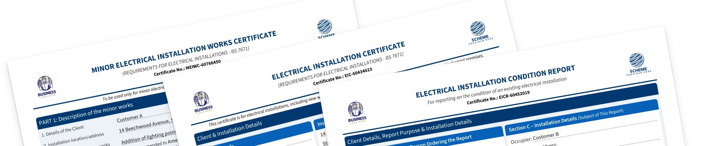 Stack of three UK electrical certificate headers — EIC, EICR, and MEIWC — showing consistent branding across cert types