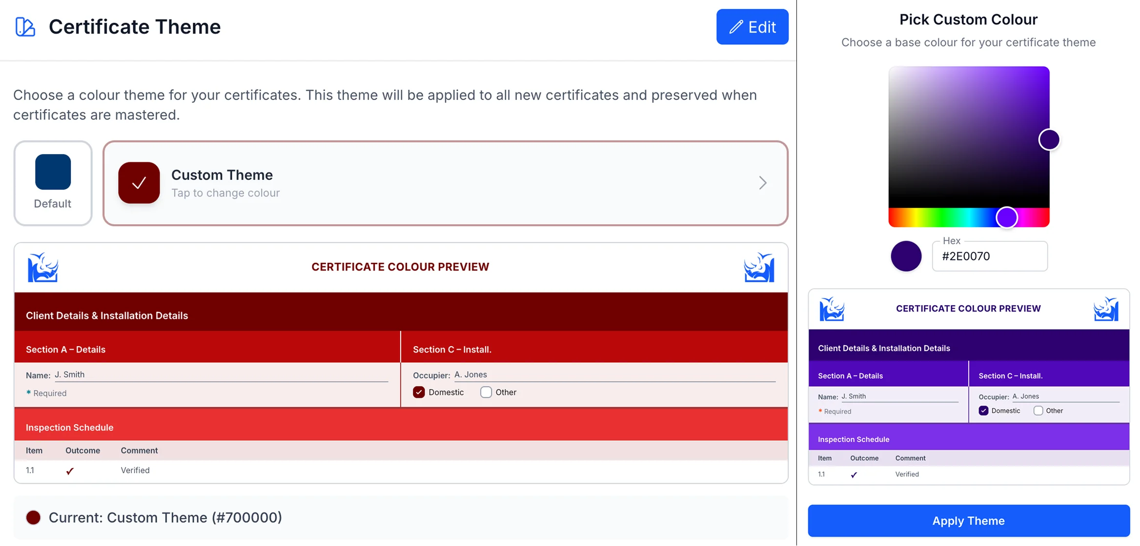 Certificate theme picker with a custom colour swatch and a live preview of how the chosen colour appears on a certificate