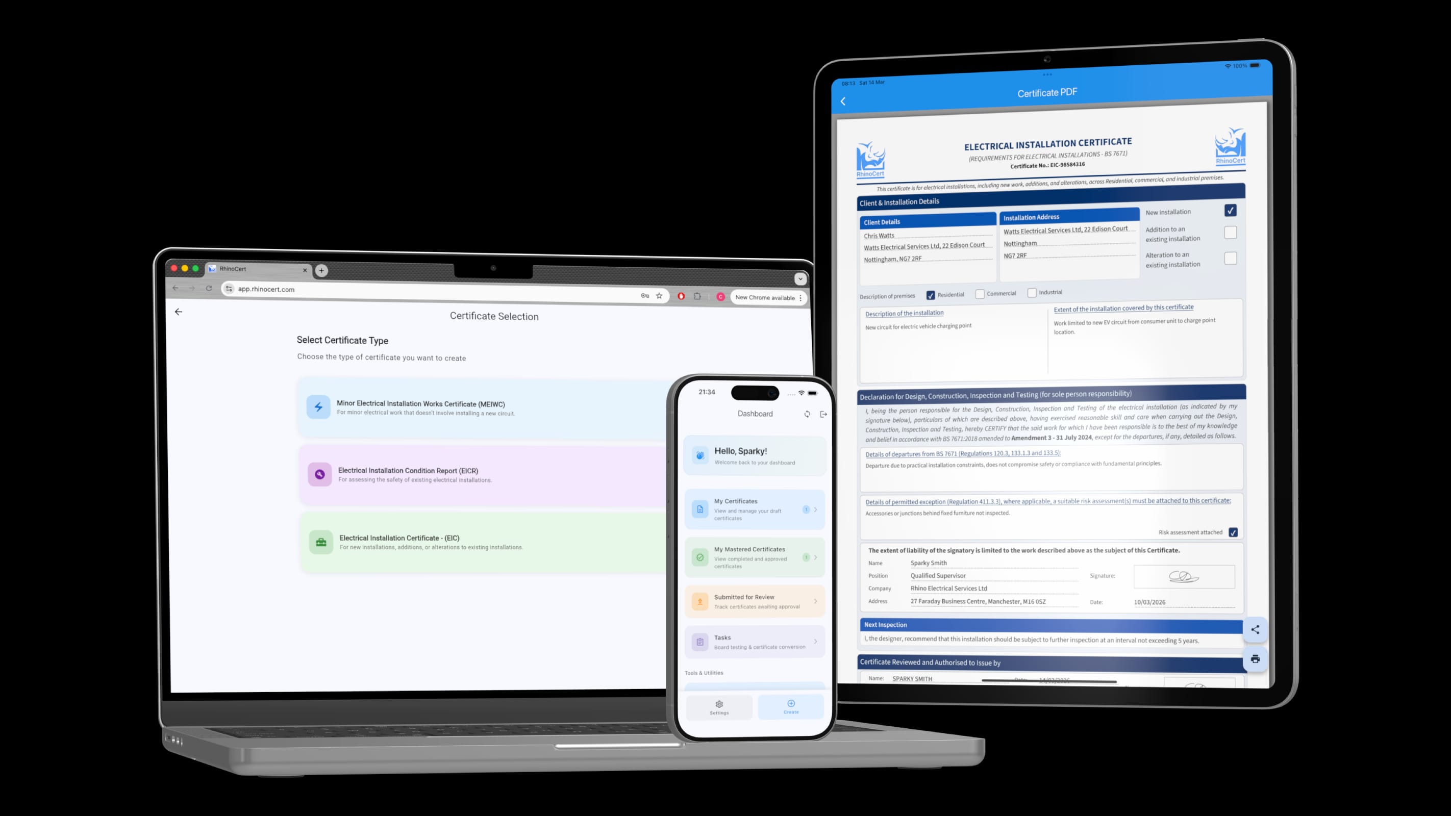 RhinoCert app on laptop, tablet, and phone