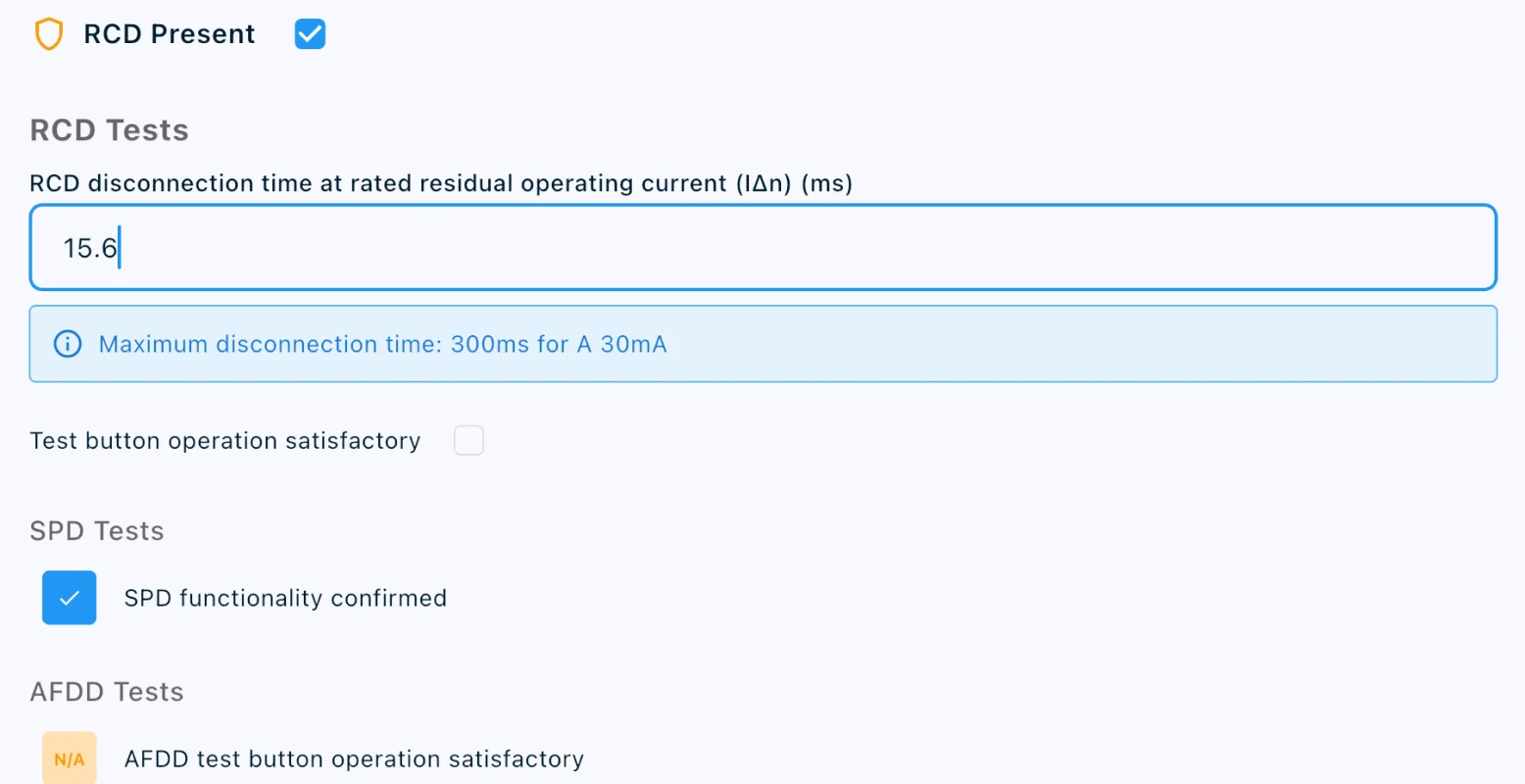 RCD test screen with measured disconnection time and the maximum permitted time displayed