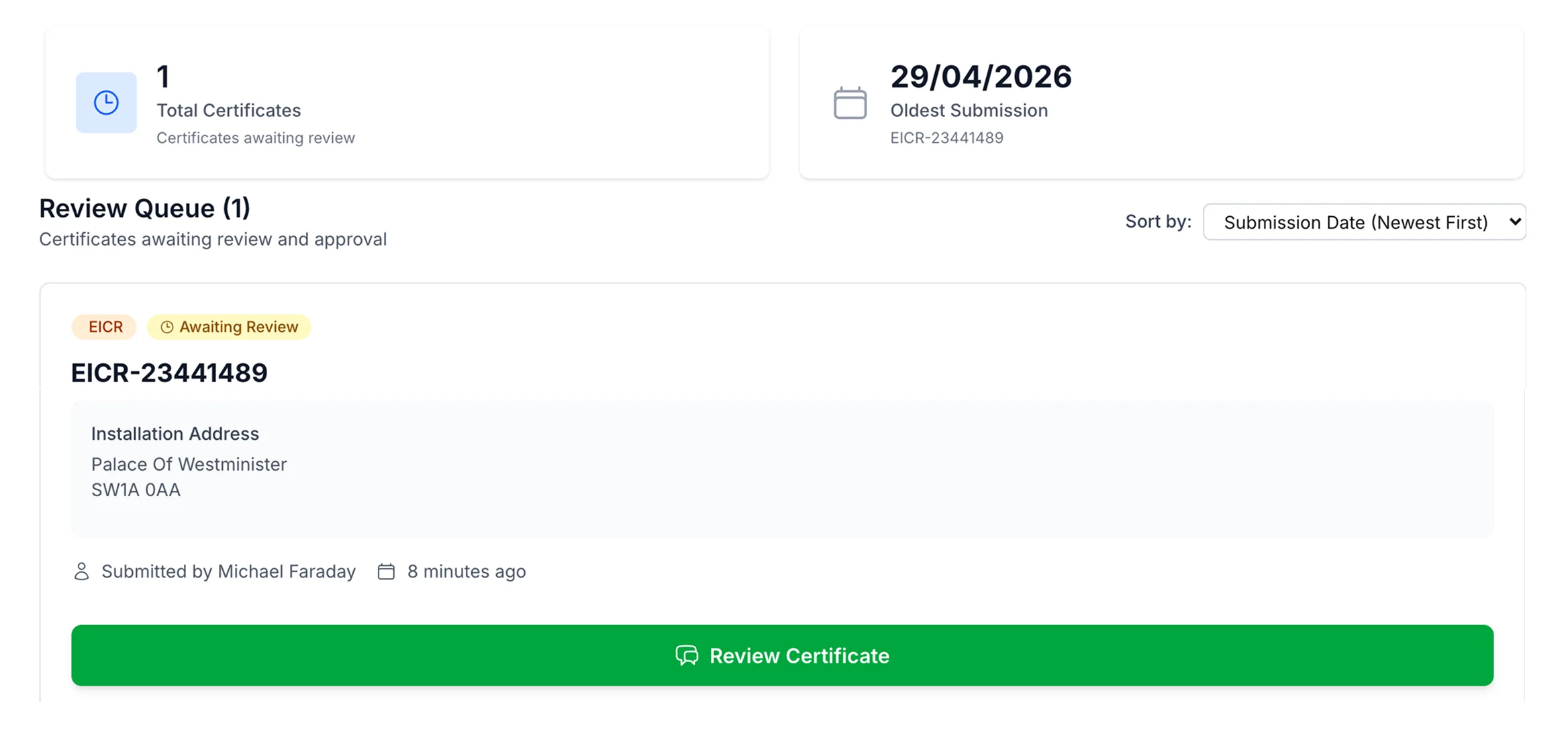 Web portal review queue showing an EICR certificate awaiting review, with submitter, installation address, and a Review Certificate action